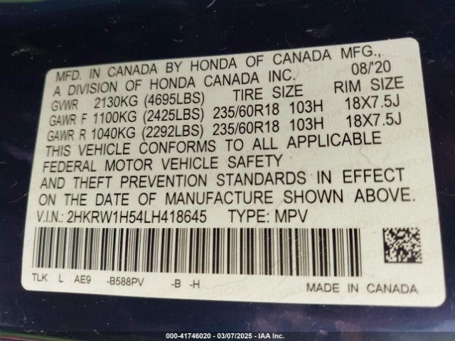 2HKRW1H54LH418645 Honda Cr-v 2wd Ex