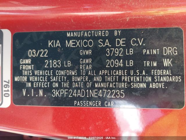 3KPF24AD1NE472235 KIA Forte Lxs