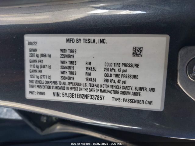 5YJ3E1EB2NF337857 Tesla 2022