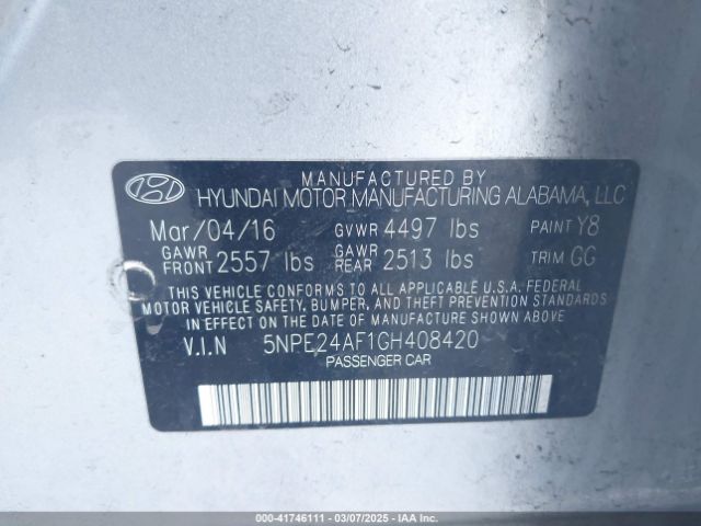 5NPE24AF1GH408420 Hyundai Sonata