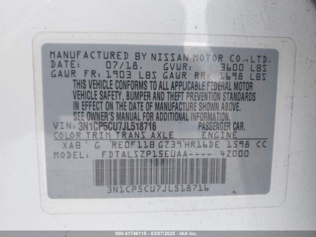 3N1CP5CU7JL518716 Nissan KICKS SV