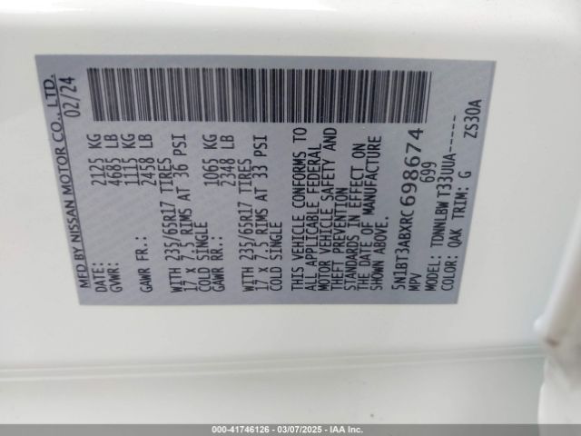 5N1BT3ABXRC698674 Nissan Rogue S Intelligent Awd