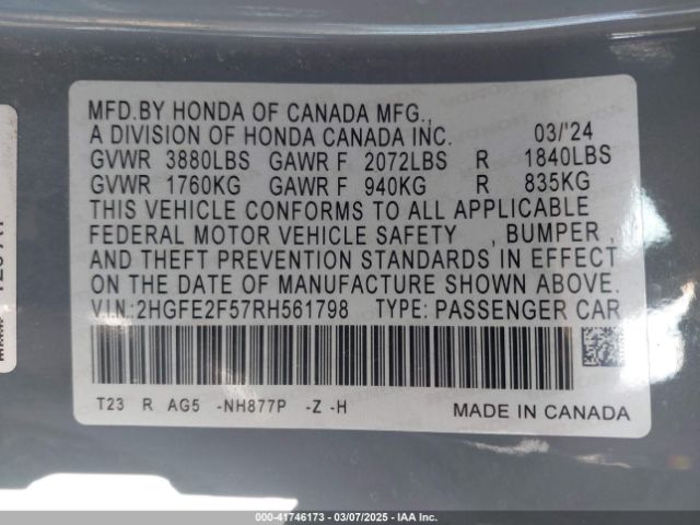 2HGFE2F57RH561798 Honda Civic Sport