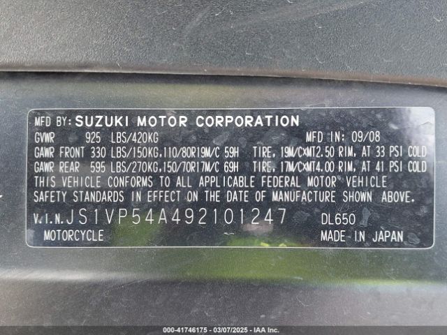 2009 SUZUKI DL650 JS1VP54A492101247 Photo 9