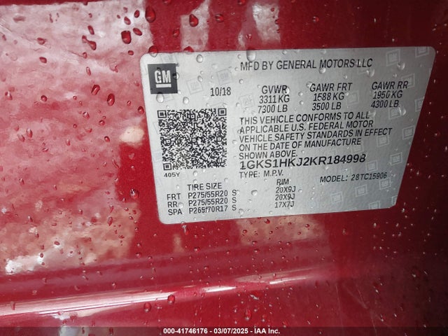 1GKS1HKJ2KR184998 GMC l86 - spark ignited direct injection, variable valve timing, afm, e85max, alum