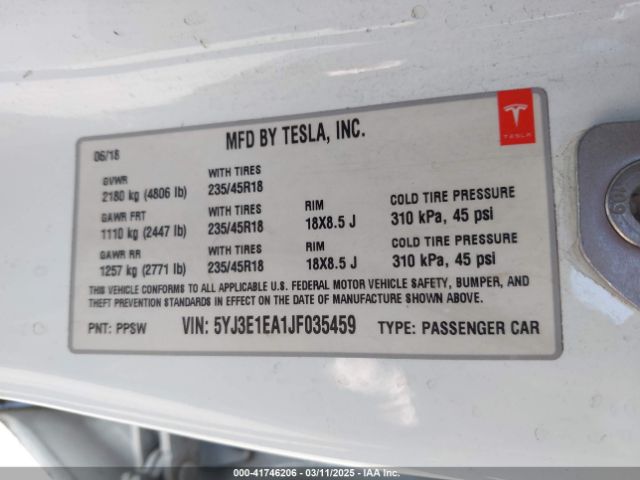 5YJ3E1EA1JF035459 Tesla Model 3 Long Range/mid Range
