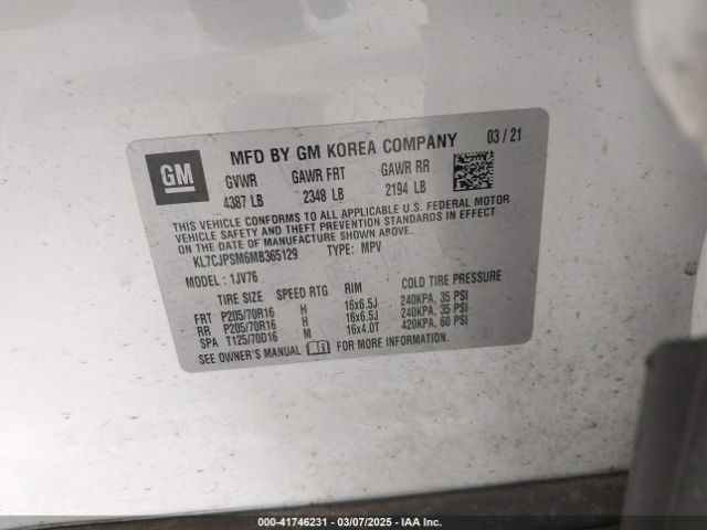 KL7CJPSM6MB365129 Chevrolet Trax Awd Lt
