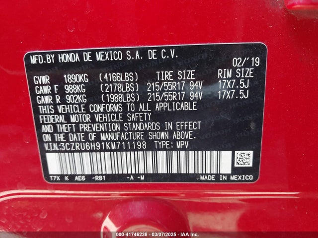 3CZRU6H91KM711198 Honda Hr-v Touring