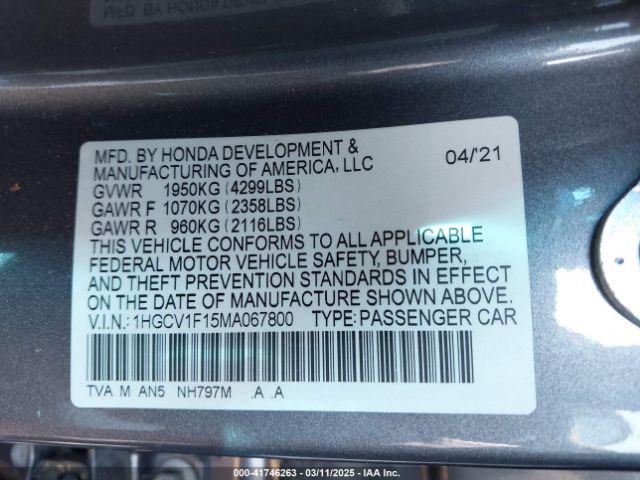 1HGCV1F15MA067800 Honda ACCORD LX