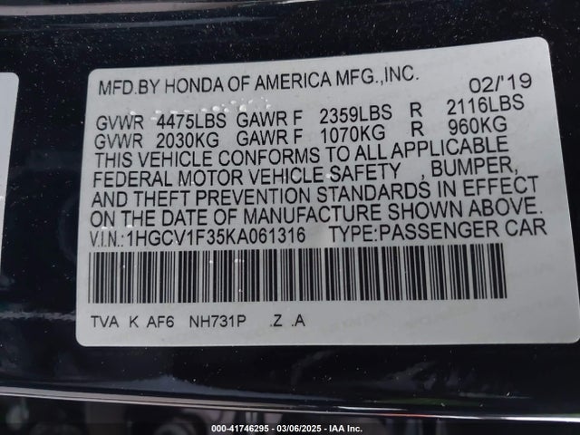 1HGCV1F35KA061316 Honda Accord Sport