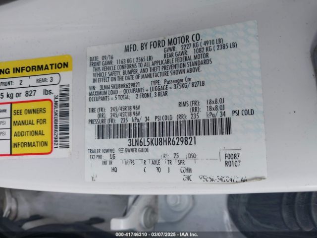 3LN6L5KU8HR629821 Lincoln Mkz Hybrid Premiere