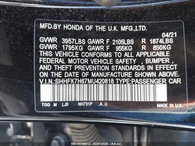 SHHFK7H67MU420818 Honda l15ba