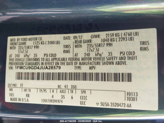 1FMCU9GD4JUA28579 Ford ESCAPE SE