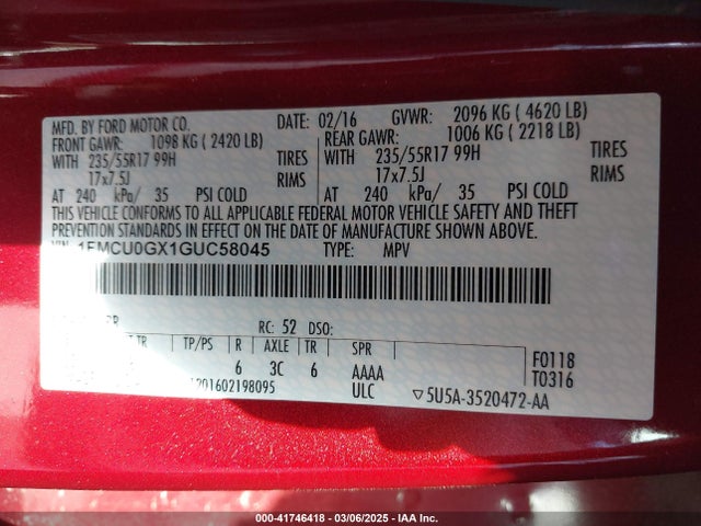 Ford ESCAPE SE 2016 1FMCU0GX1GUC58045 Image 9