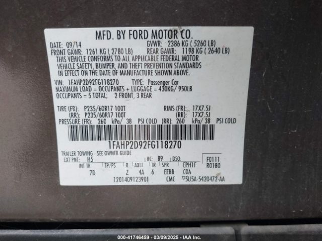 1FAHP2D92FG118270 Ford TAURUS SE