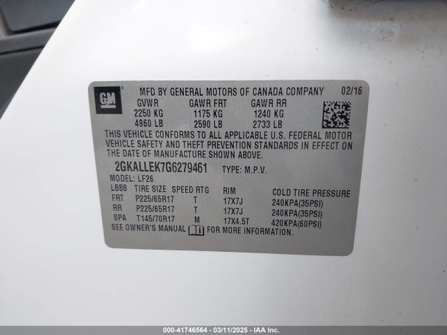 Auction sale of the 2016 Gmc Terrain Sl, vin: 2GKALLEK7G6279461, lot number: 41746564