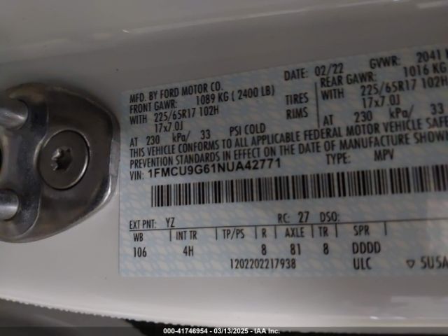 1FMCU9G61NUA42771 Ford ESCAPE SE