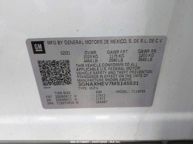 3GNAXHEV7MS145531 Chevrolet Equinox Fwd Ls