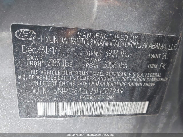 5NPD84LF2JH307949 Hyundai ELANTRA SEL