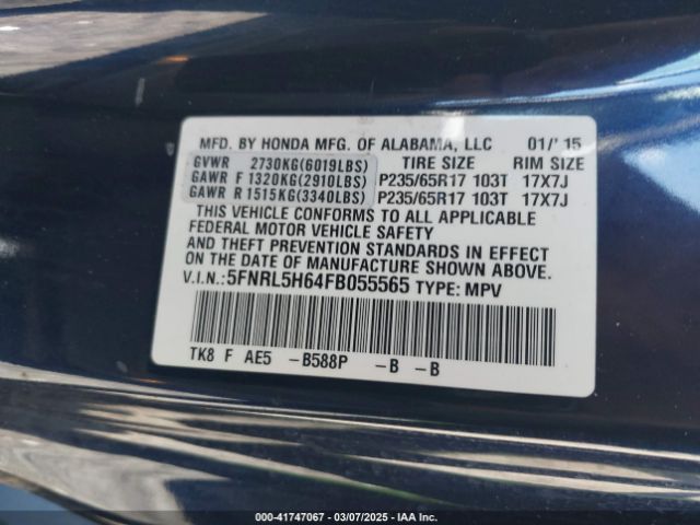 5FNRL5H64FB055565 Honda Odyssey Ex-l