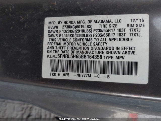 5FNRL5H65GB164358 Honda Odyssey Ex-l
