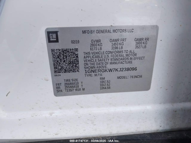 1GNERGKW7KJ238096 Chevrolet Traverse 1lt