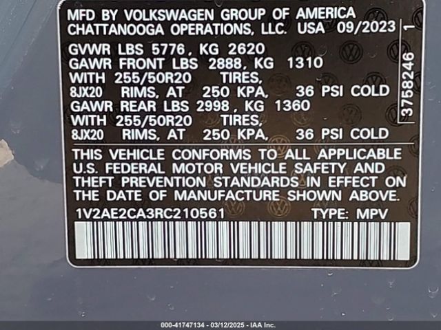 1V2AE2CA3RC210561 Volkswagen Atlas Cross Sport 2.0t Sel R-line