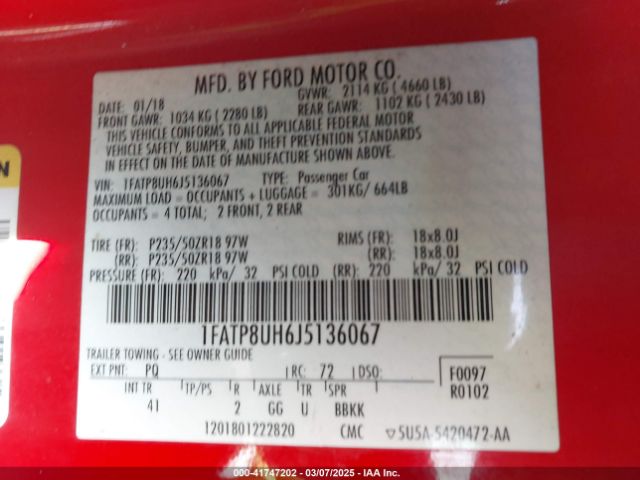 1FATP8UH6J5136067 Ford Mustang Ecoboost Premium