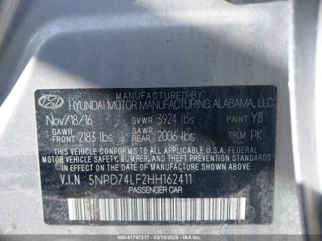 5NPD74LF2HH162411 Hyundai ELANTRA SE