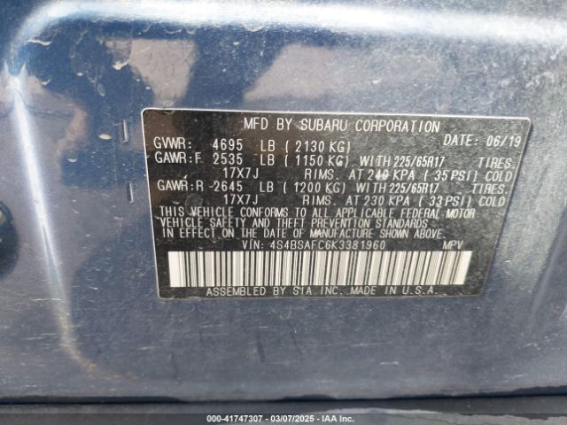 4S4BSAFC6K3381960 Subaru Outback 2.5i Premium