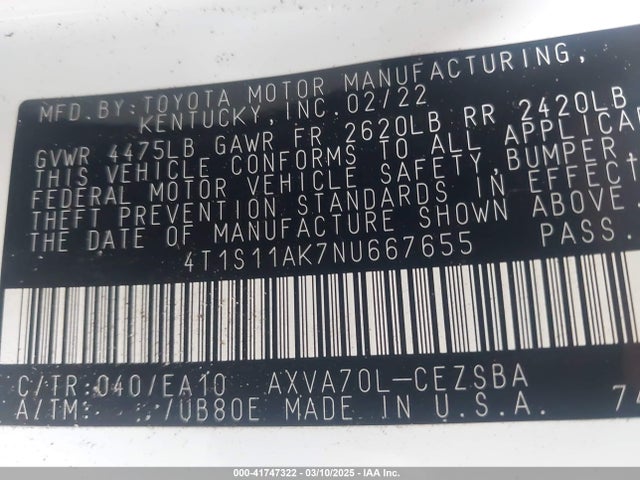 4T1S11AK7NU667655 Toyota CAMRY SE