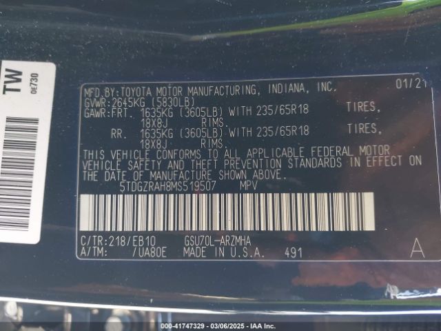 5TDGZRAH8MS519507 Toyota Highlander Xle