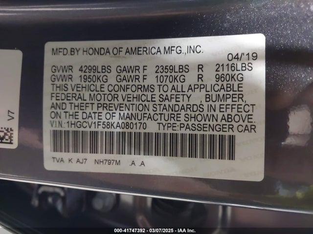 1HGCV1F58KA080170 Honda Accord Ex-l