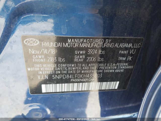 5NPD84LF0KH435303 Hyundai ELANTRA SEL
