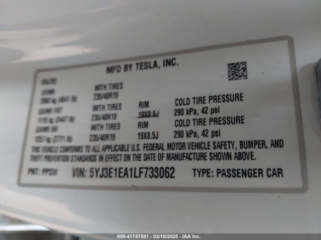 5YJ3E1EA1LF738062 Tesla Model 3 Standard Range Plus Rear-wheel Drive/standard Range Rear-wheel Drive