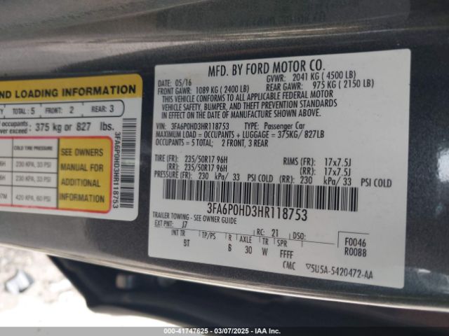 3FA6P0HD3HR118753 Ford FUSION SE