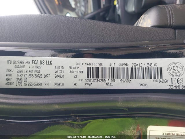 1C4RDJDG3HC898418 Dodge DURANGO GT