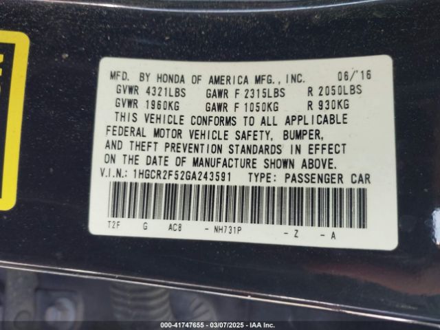 1HGCR2F52GA243591 Honda Accord Sport
