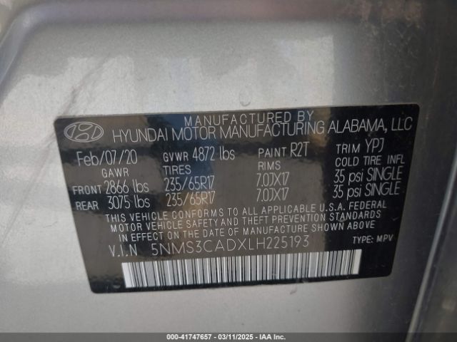5NMS3CADXLH225193 Hyundai gdi theta ii