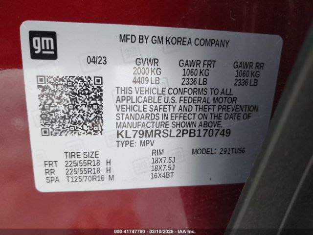 KL79MRSL2PB170749 Chevrolet Trailblazer Awd Lt
