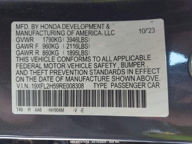 Aukcja sprzedaży 2024 Honda Civic Lx, vin: 19XFL2H59RE008308, numer aukcji: 41747814