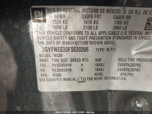 3GYFNEE30FS630396 Cadillac Srx Luxury Collection