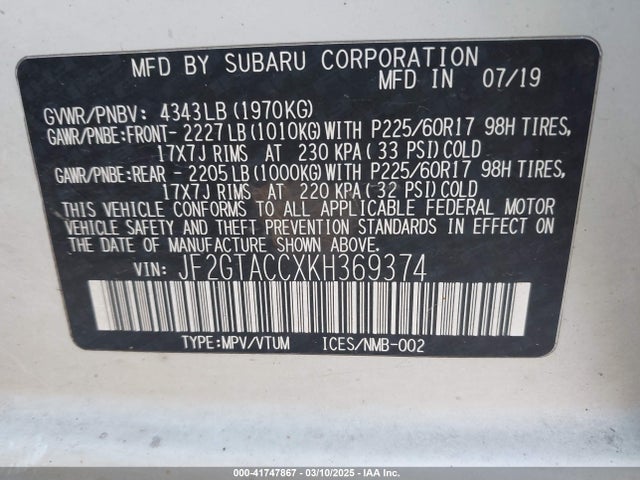 JF2GTACCXKH369374 Subaru Crosstrek 2.0i Premium