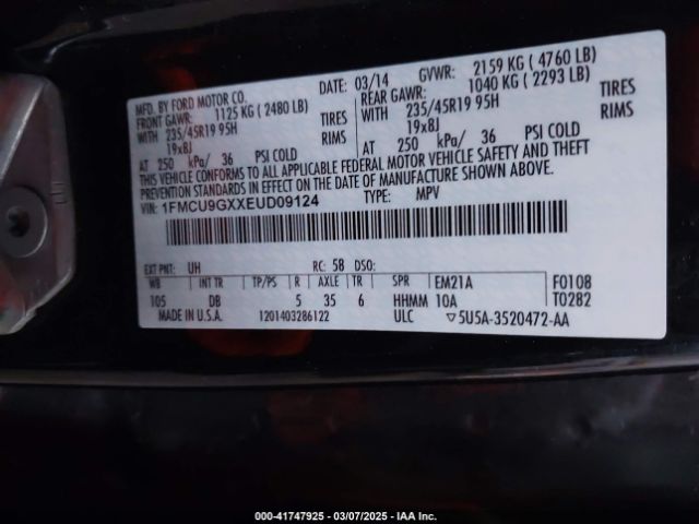 1FMCU9GXXEUD09124 Ford ESCAPE SE