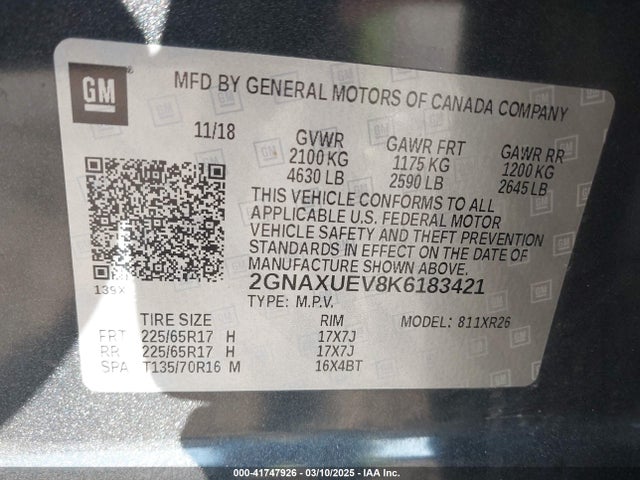 2GNAXUEV8K6183421 Chevrolet EQUINOX LT