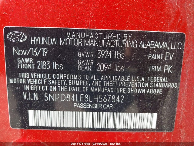 5NPD84LF8LH567842 Hyundai ELANTRA SEL