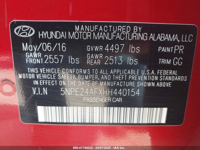 5NPE24AFXHH440154 Hyundai SONATA SE
