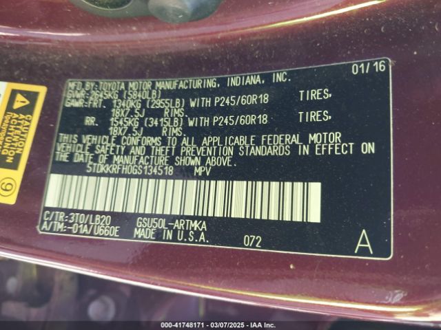 5TDKKRFH0GS134518 Toyota Highlander Xle V6