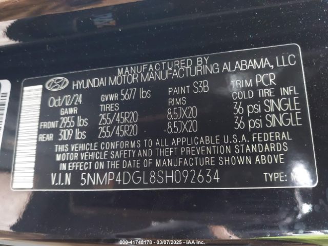 5NMP4DGL8SH092634 Hyundai Santa Fe Limited