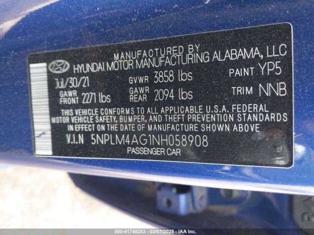 5NPLM4AG1NH058908 Hyundai ELANTRA SEL